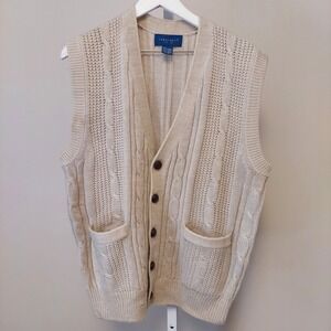 Towncraft Mens Beige Cable Knit Cardigan Vest Button Front V-Neck Medium 90s